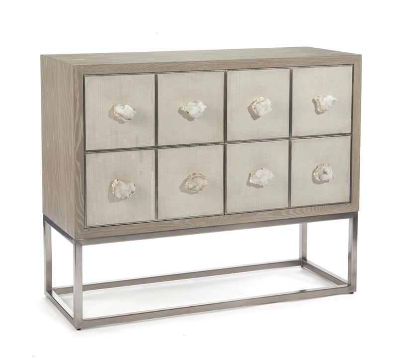 Lucerne Chest in a light gray with eight geode/crystal handles from John-Richard