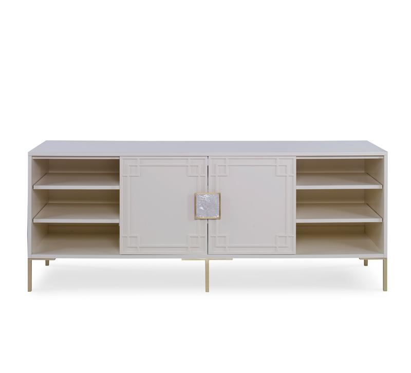 Two-Door Media Console in white with four shelves and two doors on six legs from Century Furniture