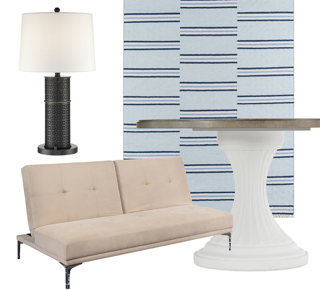 Idea Board collage featuring sofa, rug, lamp and table