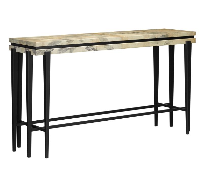 Karlson Console with a black frame and a beige wood top from Currey & Company