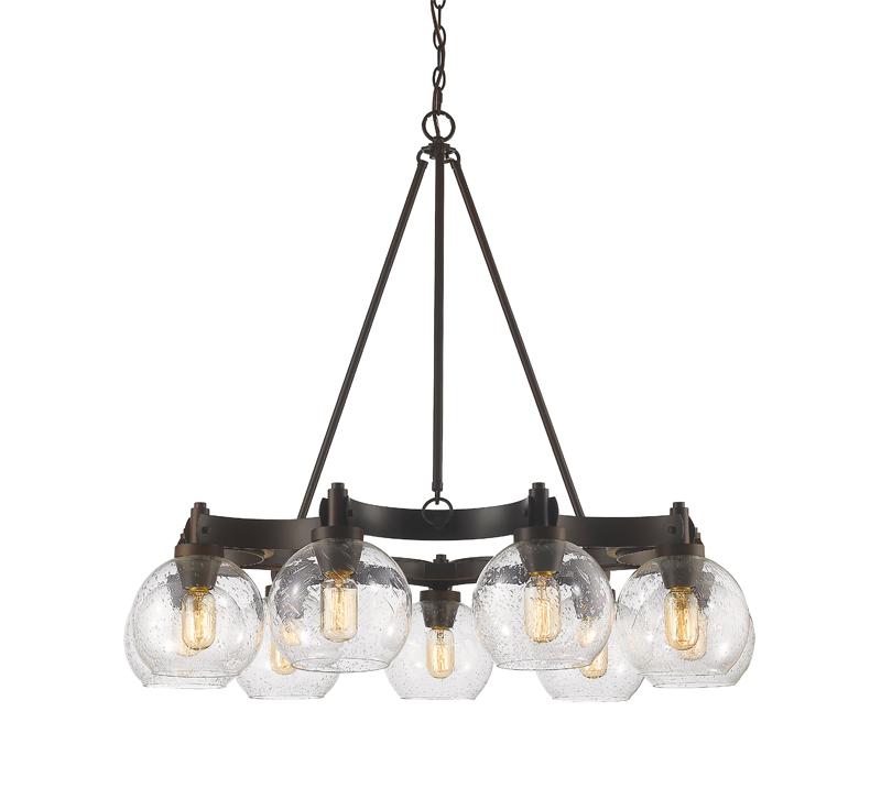 Nine-light Galveston chandelier in Oil-Rubbed Bronze with Edison light bulbs surrounded by seeded glass orbs from Golden Lighting