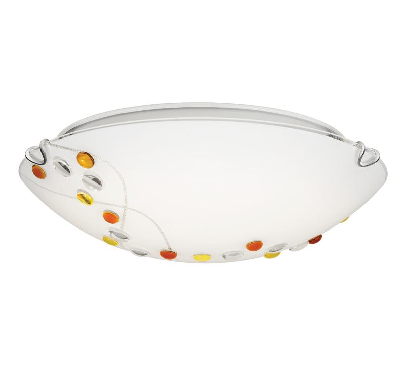 Stellar Flush Mount with a white shade and orange, yellow and clear dotted accents from Quoizel