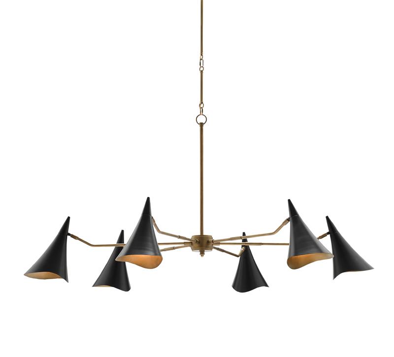 Library six-light Chandelier with black iron shades and Gold Leaf finish from Currey & Co