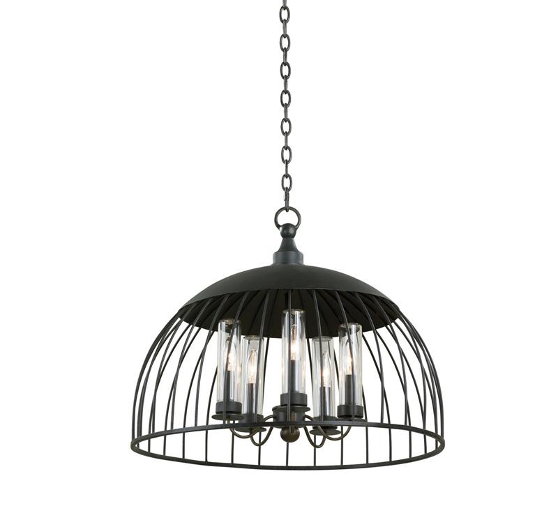 Ludlow Outdoor Pendant in Matte Black with a half-moon cage surrounding five bulbs from Kalco Lighting