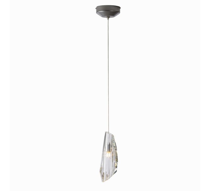 Luma Mini Pendant with a single crystal surrounding the LED light from Synchronicity by Hubbardton Forge