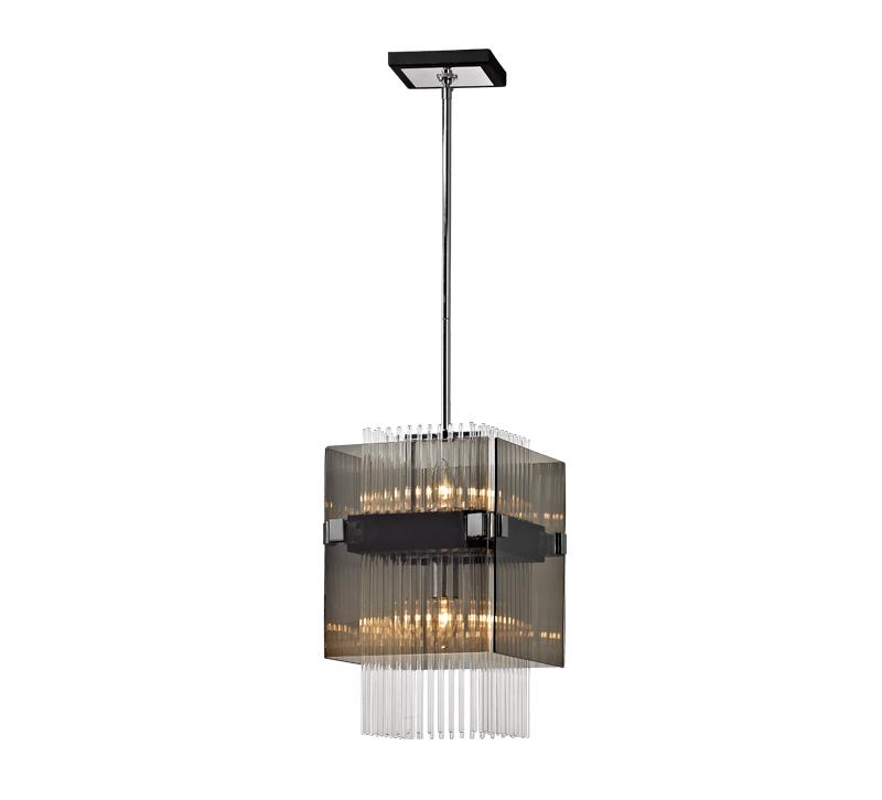 Apollo single-light pendant with a square gray glass surrounding the light source and glass rods hanging down from Troy Lighting