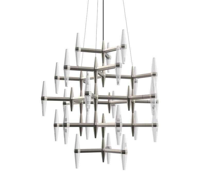 Prism multi-tiered chandelier with diamond-shaped cyrstals in each three-pronged arm from Blackjack Lighting