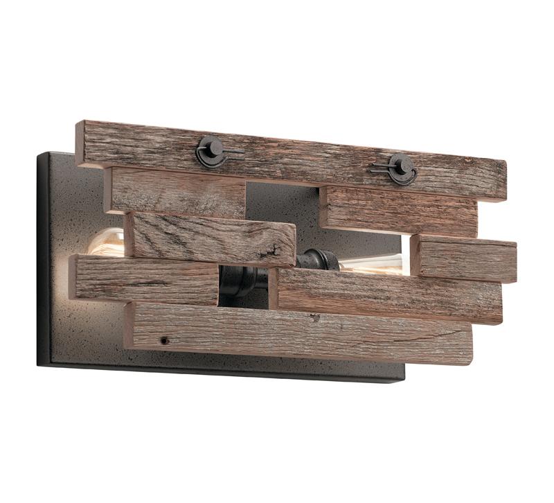 Cuyahoga Mill Wall Sconce with a reclaimed wood frame, two light bulbs and a bronze backplate from Kichler Lighting