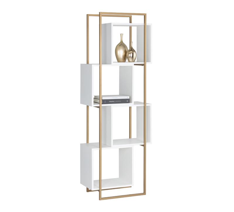 Jigsaw four-shelf Bookcase with a brass frame and white concrete box shelves from Sunpan