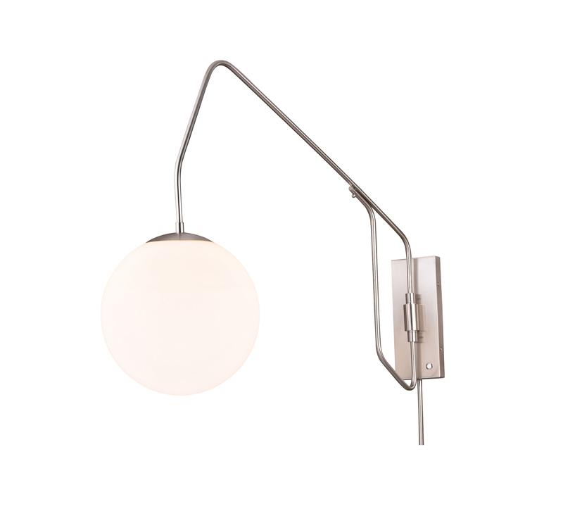 Marcin Swing Arm Wall Light in Satin Nickel with a frosted globe from Vaxcel
