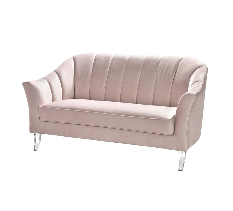 Marjorie Sofa in blush velvet with clear legs from Worlds Away