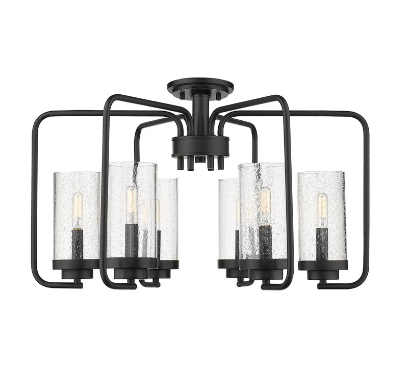 Holden six-light Semi-Flush Mount with seeded glass around Edison bulbs finished in matte Black from Golden Lighting