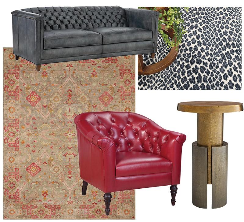 French Accents Worn Collection Rug, Spectra Supple Red Leather Chair, Inara Table Arteriors, FibreWorks Wild Side Rug, Jaden Sofa Bradington-Young