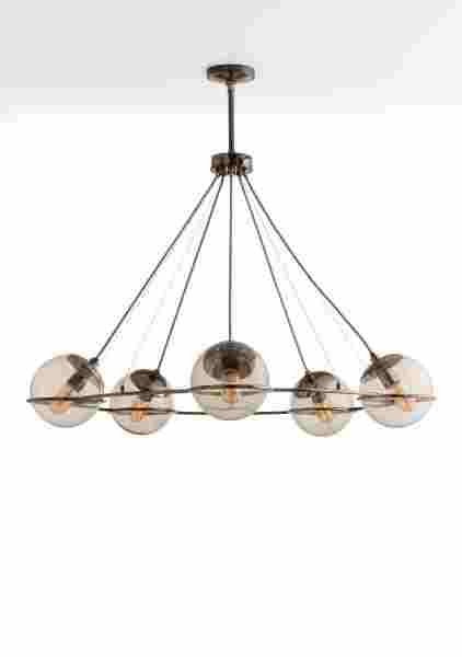 Hathoway chandelier with frosted glass orbs and a brown nickel frame from Arteriors