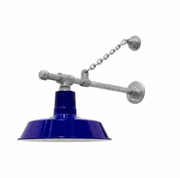 Goodrich Duncan chain-hung gooseneck light in a bright blue and silver arms from Barn Light Electric
