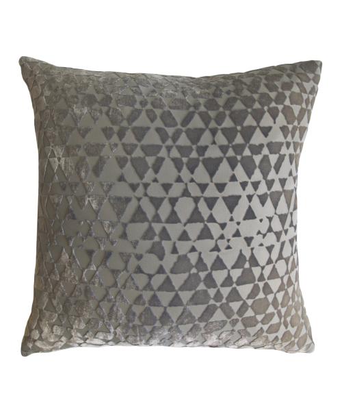 Kevin O’Brien’s Triangles velvet pillow in the Nickel colorway complete with feather/down insert has as much depth as Paragon’s 4041 “Remembering You” textured print, which measures 52 by 41 inches. www.kevinobrienstudio.com, www.paragonpg.com