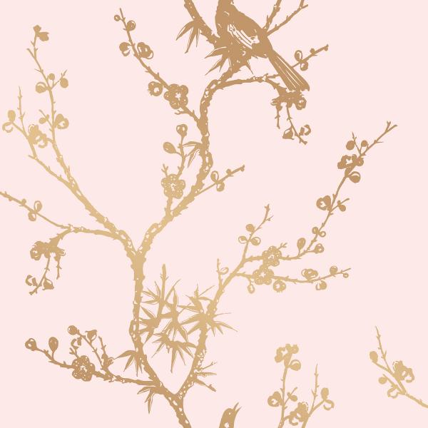 Tempaper: Birds and open branches lend a natural touch to any room. This modern print in rose pink and gold metallic is ideal for accent walls and any surface needing a bold look. Bird Watching is part of the Cynthia Rowley Collection. www.tempaperdesigns.com