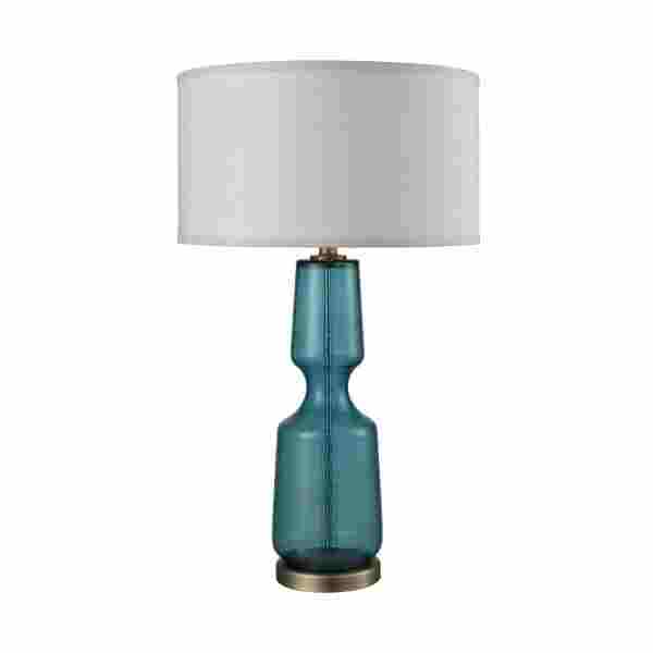 Dimond Lighting: The stylish Bluestiere table lamp in turquoise has an antique brass               base and a light ecru fabric shade with matching liner. Features a three-way switch. Bldg. 1,  6-D2 and 6-E1.  www.dimondlighting.com