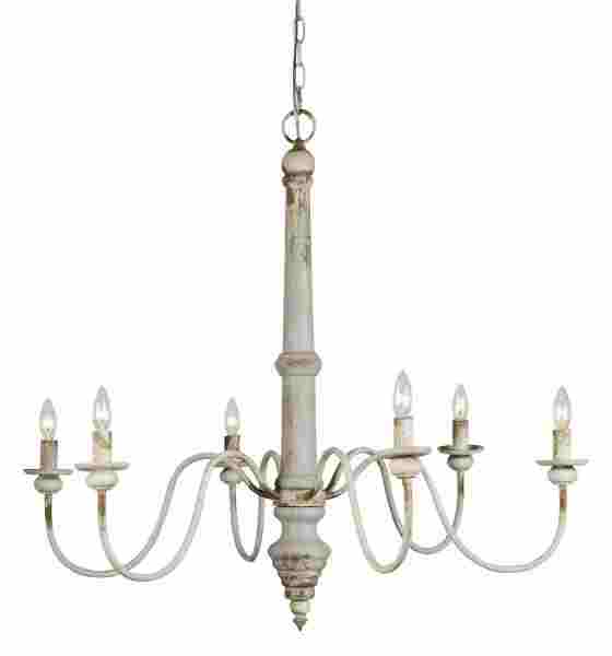 Forty West: With a weathered finish, Sasha six-light chandelier gives off an elegant Southern look. Measures 33 inches by  38 inches by 35 inches high. Bldg. 1, 12-E12. www.fortywestdesigns.com