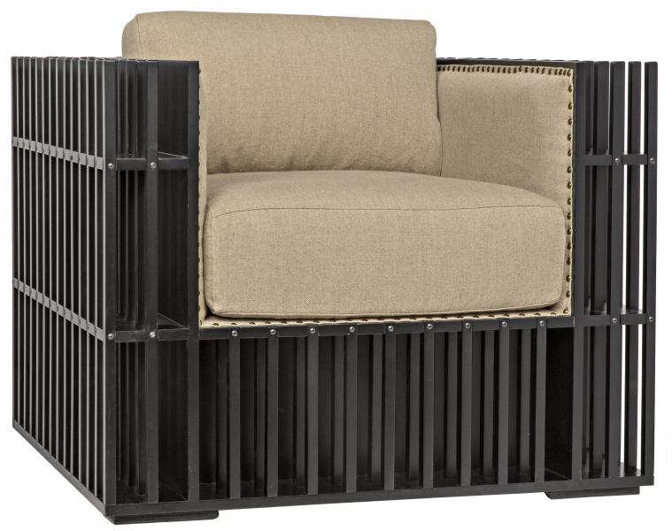 Noir: The Cato chair stands impressively with a studded design using Birch with linen upholstery and a black finish. C399. www.noirfurniturela.com
