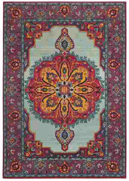 Oriental Weavers: The Bohemian Collection balances warm shades of magenta and tangerine with cool shades of amethyst and light turquoise, adding a bold pop of color to a room. Machine-woven of polypropylene. Bldg. 1, 3-A2.  www.owrugs.com