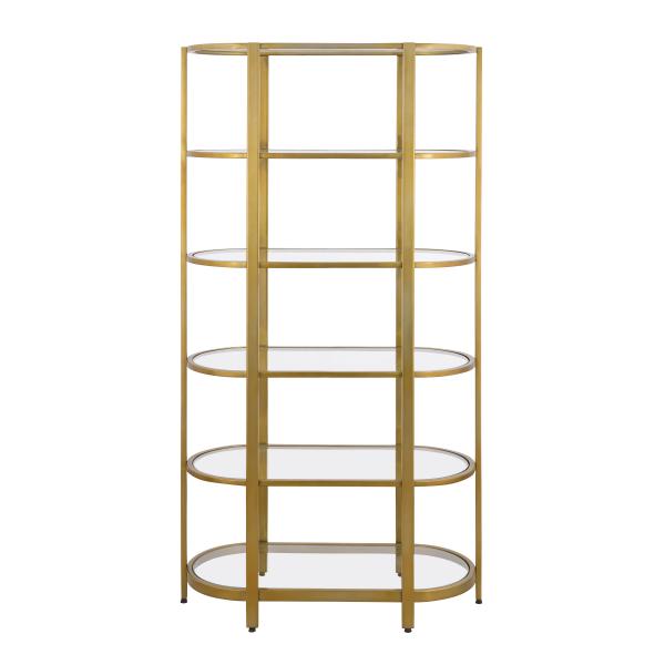 The Blain Bookshelf by Elk Home is brass toned and made of glass. The updated traditional piece is 78 inches in height by 19 inch